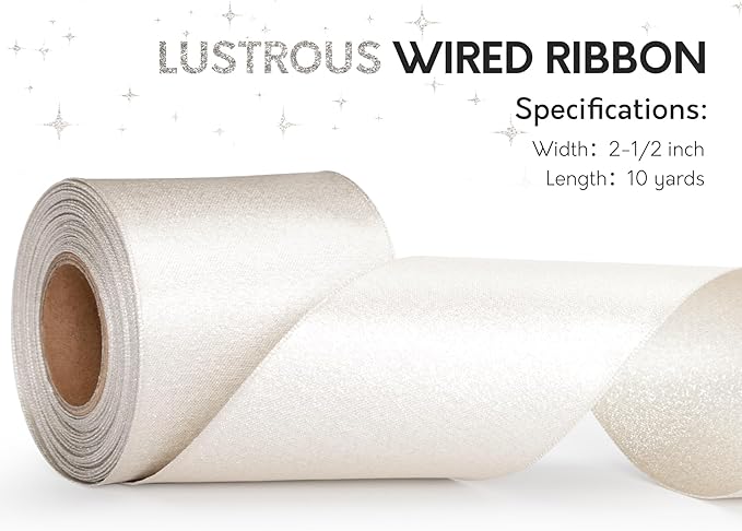 Champagne Satin Wired Ribbon 2-1/2 Inch Double-Faced Sliver Glitter Christmas - Image 3