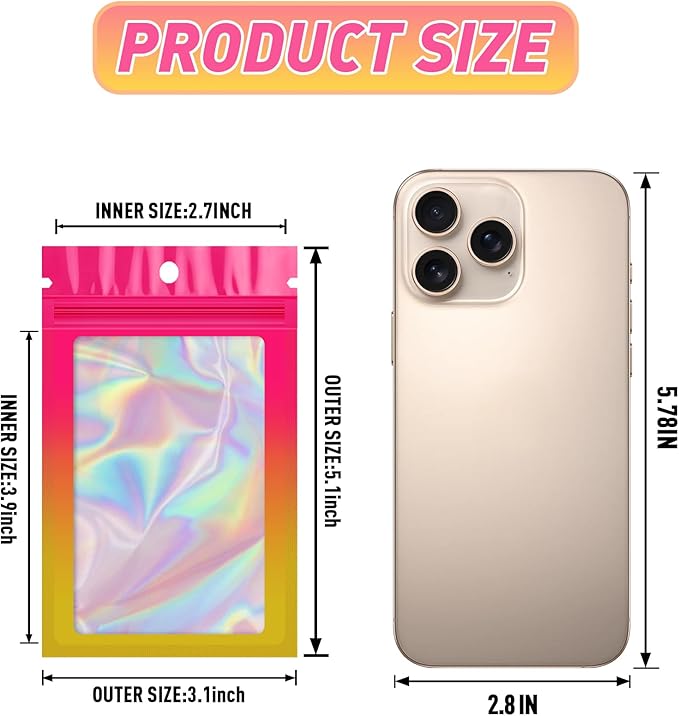 Funfery 100 Pack Gradient Holographic Bags, Mylar Resealable Bags - Image 2