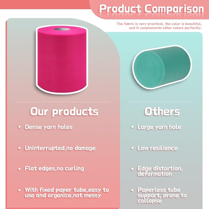 6" x 200 Yards Fuchsia Tulle Fabric Rolls, Hot Pink Spool Tulle Ribbon - Image 5