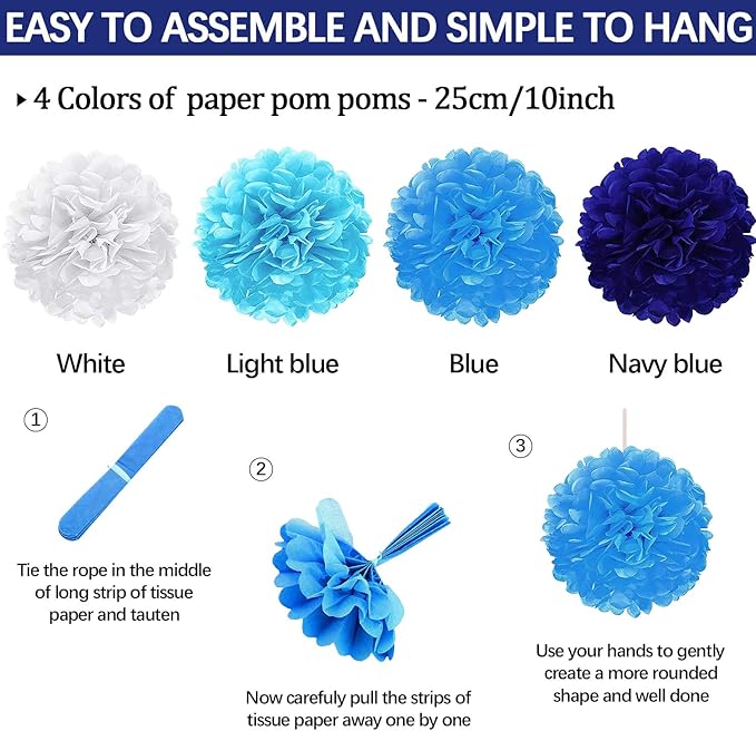 Navy-Light Blue Party Decorations, Pom Poms Flowers - Image 6