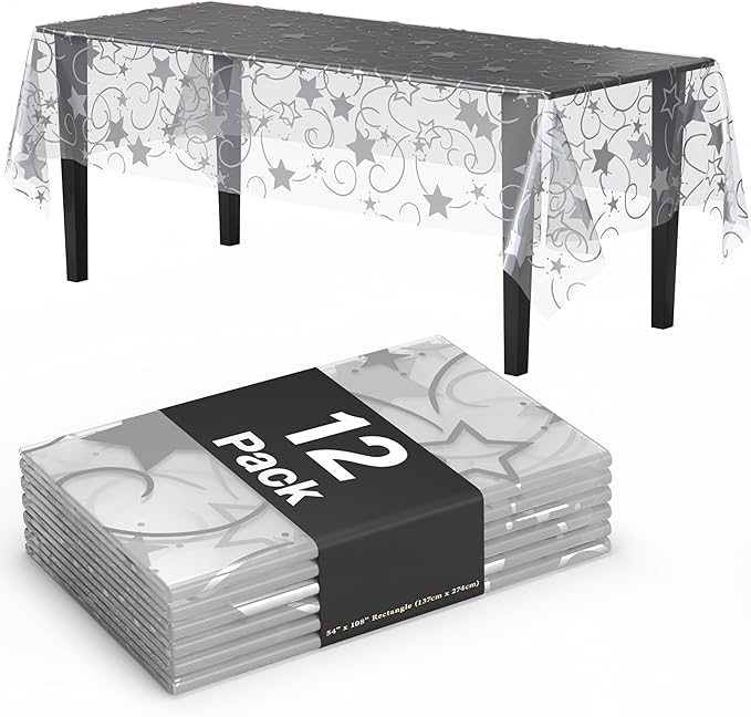 Exquisite Clear Silver Star Tablecloth Plastic 12-Pack Disposable Rectangle by Exquisite