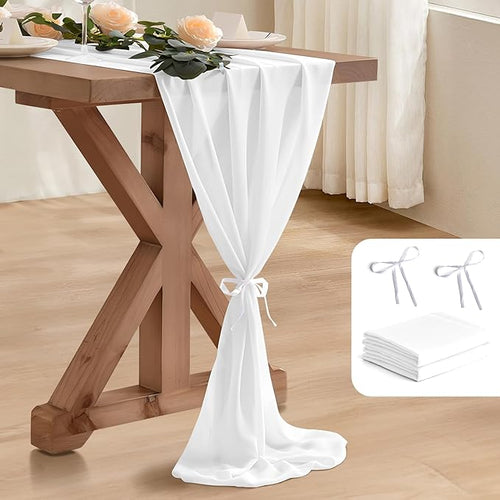 10 Pack 10 Ft Chiffon Table Runner White Gauze Long Table Runners 27x120 Inches by BEELIFY