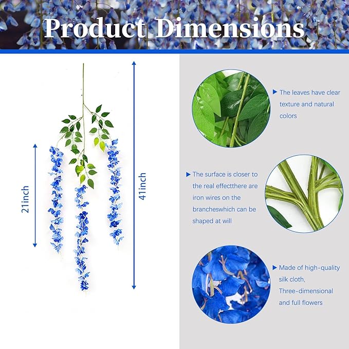 24 Pack Royal Blue Wisteria Hanging Flowers, 3.4 Ft Fake Hanging Flowers - Image 3