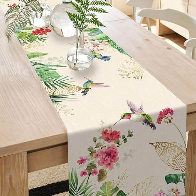Seliem Summer Tropical Hummingbird Palm Leaf Greenery Table Runner, Spring - Image 5