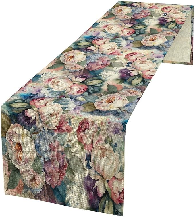 Vintage Floral Table Runner, Girls Women Rose Romantic Leaf Botanical by Kurtect