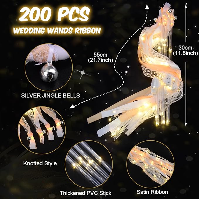 200 PCS Wedding Wands with Lights, Fairy Wands, LED Silk Fairy Wand with Bells - Image 2
