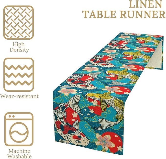 Japanese Kio Fish Table Runner Oriental Tradition Cherry Art Printed Burlap - Image 3