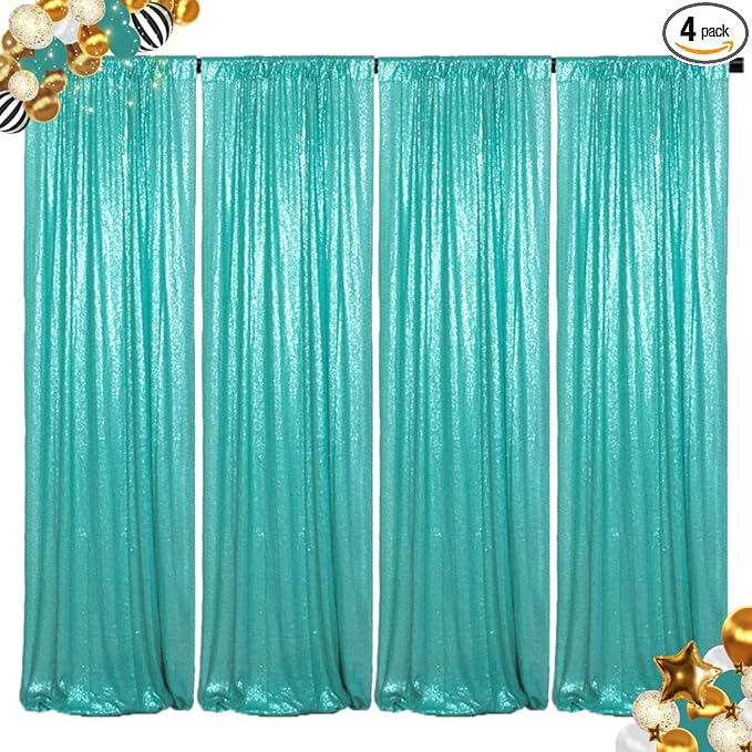 ShinyBeauty Sequin Backdrop Curtains 4 Panels Teal 2FTx8FT Sequin Fabric Photo by ShinyBeauty