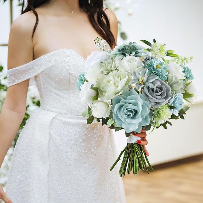 AmyHomie Teal Blue Artificial Flowers Combo Silk Mix Peony Rose Fake Flowers - Image 5