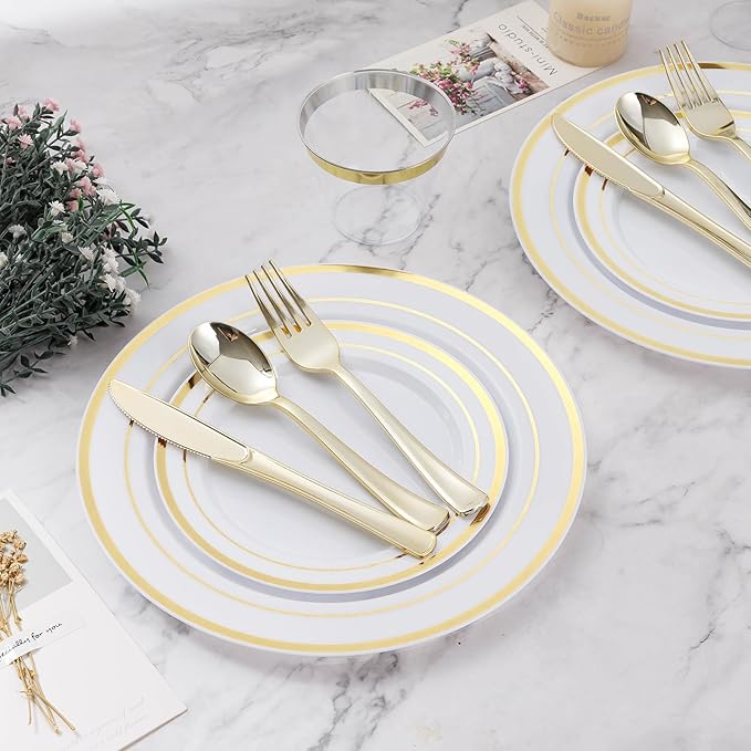 BESTVIP 150PCS Plastic Dinnerware Set, Anniversary, Includes: Dinner Plates - Image 6