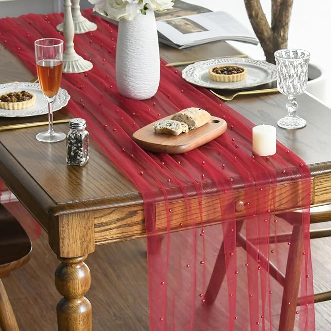 Artoid Mode Pearl Red Gauze Table Runner 120 Inch 10FT, Seasonal Sheer Dining - Image 3