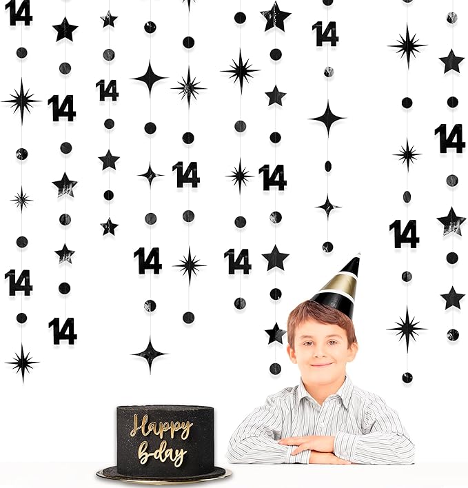 Black 14th Birthday Decorations Number 14 Circle Dot Star Garland Metallic - Image 3