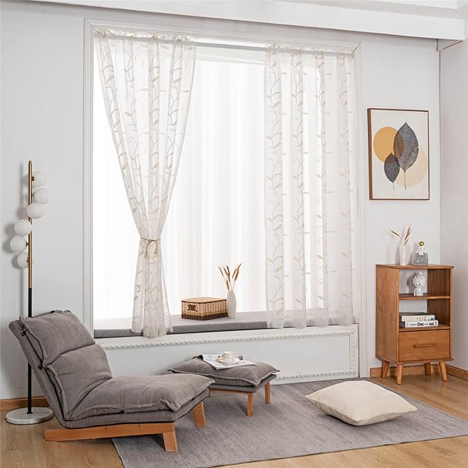 VISIONTEX White Sheer Voile Curtains, Decorative Beige Leaves Embroidery Faux - Image 4
