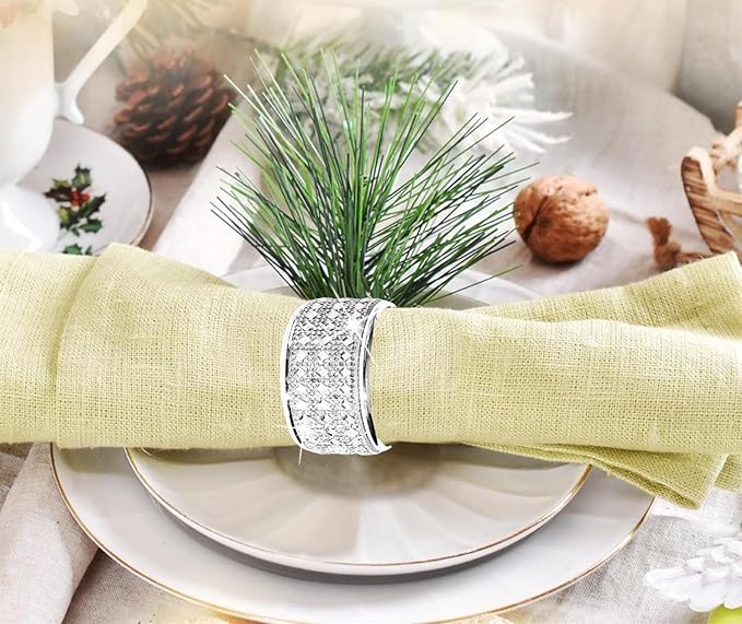 Silver Diamond Napkin Ring Set of 12 Rhinestone Crystal Glass Framed Napkin - Image 6
