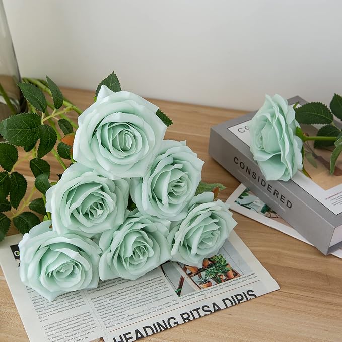 Artificial Rose 10pcs Open Flower Bouquet Sage Green Faux Rose Stems - Image 2