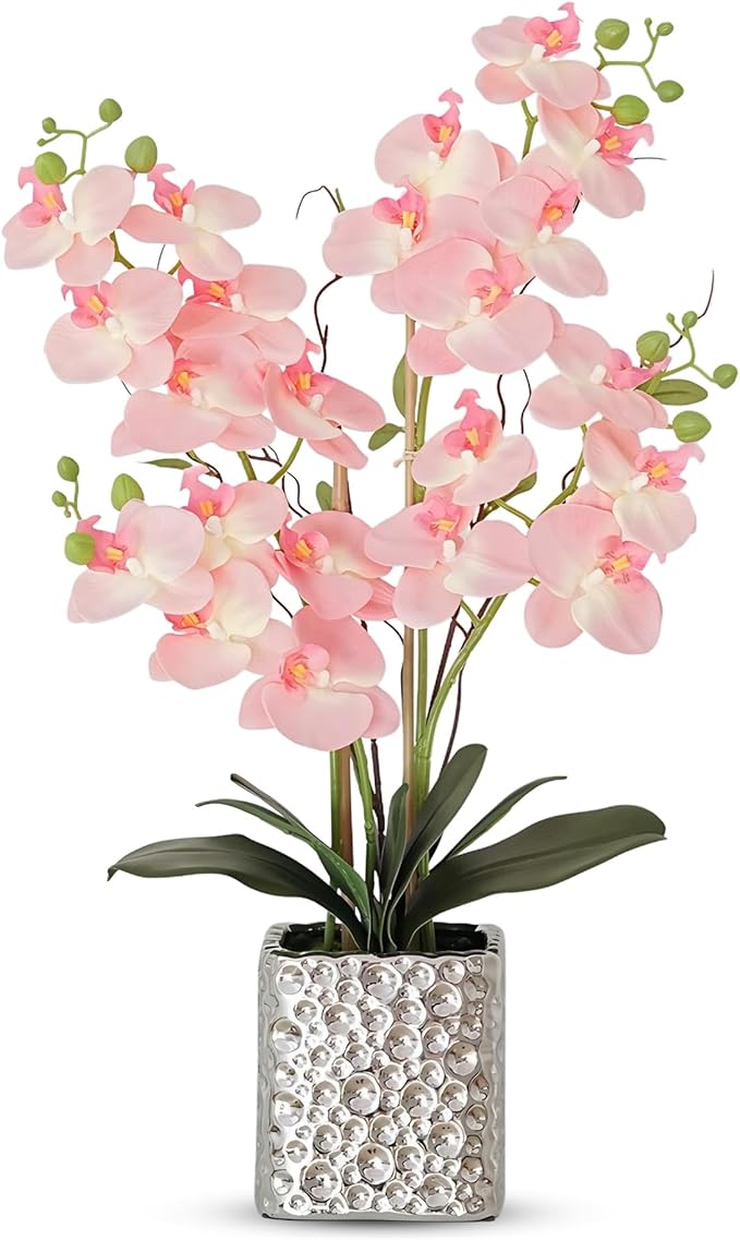 Orchid Artificial Flowers with Sliver Vase Large Silk Faux Phalaenopsis Flowers by ABetterDayStartsHere