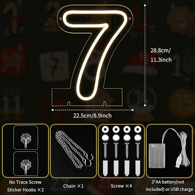 Number 7 LED Neon Sign Backdrop Birthday Party Decoration, 11.3" Height Warm - Image 3