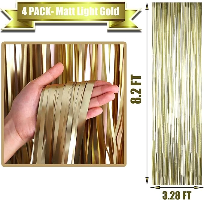 4 Pack Light Gold Foil Fringe Curtain Backdrop, 3.28Ft x 8.2Ft Metallic Tinsel - Image 2