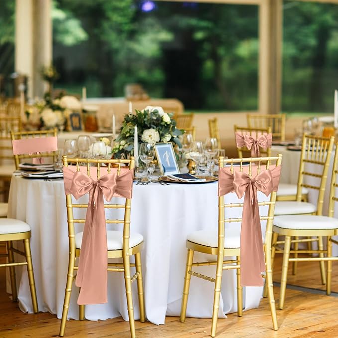 50 PCS Rose Gold Satin Chair Sashes Bows Universal Chair Ribbon Ties Back Sash - Image 5