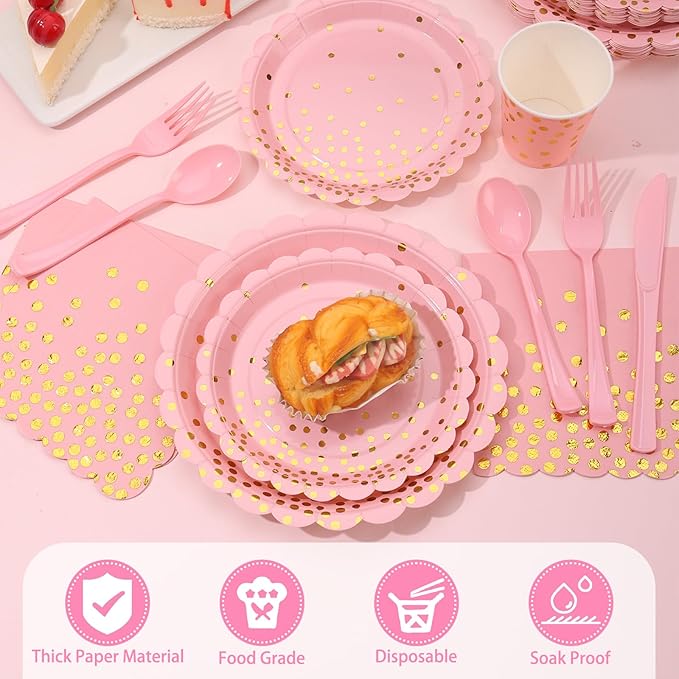 175 Pink Rose Gold Plates Napkins Party Decorations, Plastic Forks Knives - Image 5