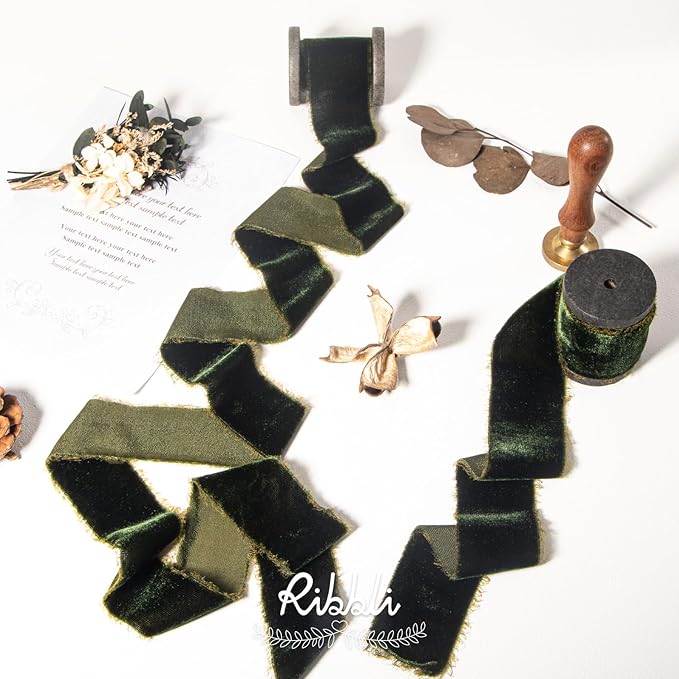 Ribbli Dark Moss Velvet Ribbon 1.5 Inch Handmade Frayed Vintage Christmas Ribbon - Image 2