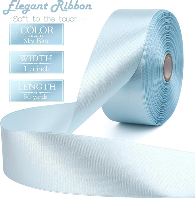 Sky Blue Solid Satin Ribbon 1-1/2 Inch 50 Yards Solid Polyester Fabric Ribbon - Image 2