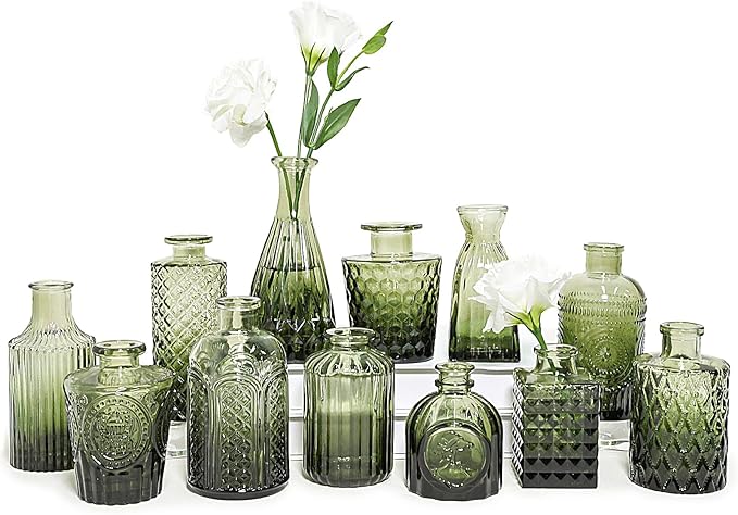 12pcs Glass Bud Vase Set, Small Green Flower Vases by SUPMIND