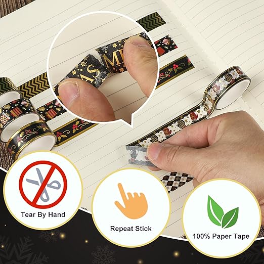 18 Rolls Christmas Washi Tape Holiday Masking Tape Black Christmas Wrapping - Image 3