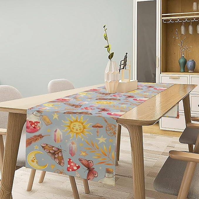 Boho Sun Moon Table Runner Mystical Rustic Butterfly Mushroom Star Table Runner - Image 7