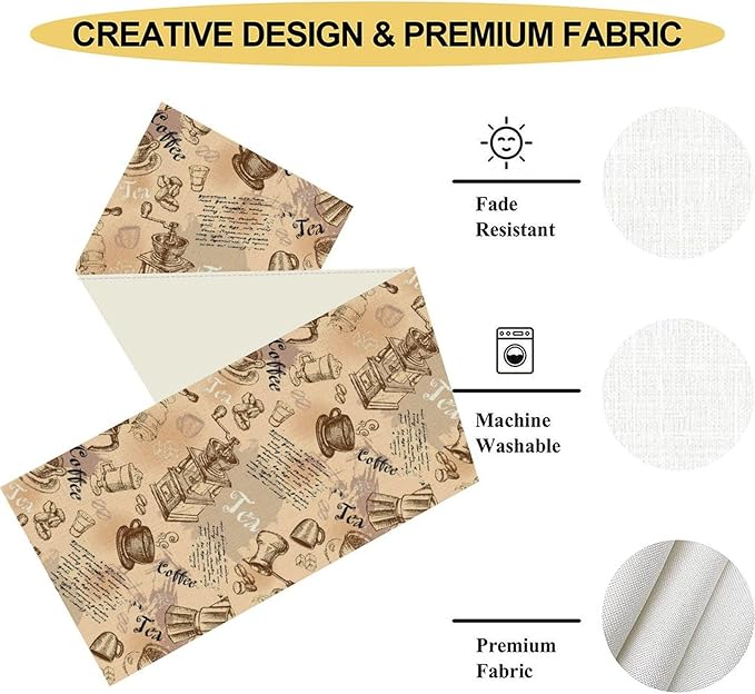 Coffee Theme Table Runner, Rustic Farmhouse Coffee Cup Tea Party Cafe Table - Image 4