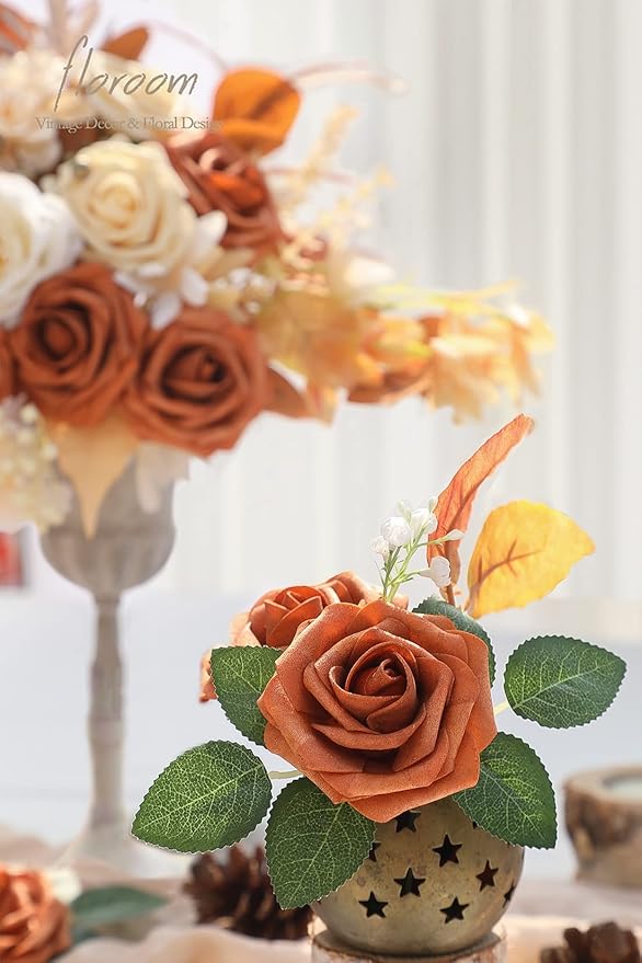 Floroom Artificial Flowers 25pcs Real Looking Burnt Orange Foam Fake Roses - Image 5