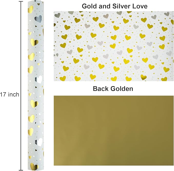 Burymento Gold Foil Heart Wrapping Paper, Reversible Gold Gift Wrap - Image 6