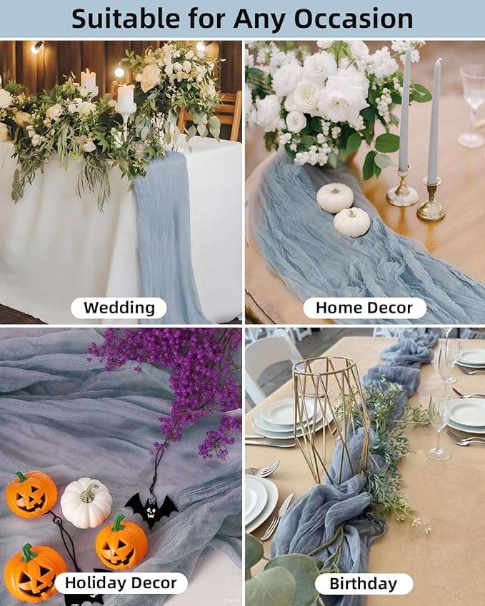 Dusty Blue Cheesecloth Table Runner 120 Inch, Summer Boho Gauze 10 FT, Rustic - Image 4