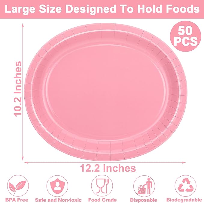 QZYL 50 Pcs Party Decorations, 12.2'' X 10.2'' Oval Large Paper Plates - Image 2