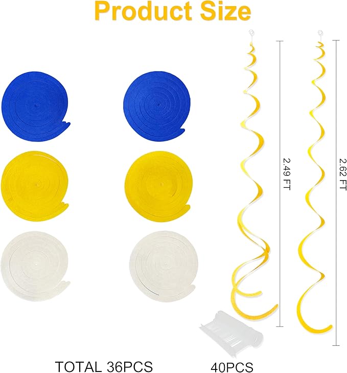 36 Pcs Royal Blue Yellow White Hanging Swirl Decoration Felt Swirl Streamer - Image 2