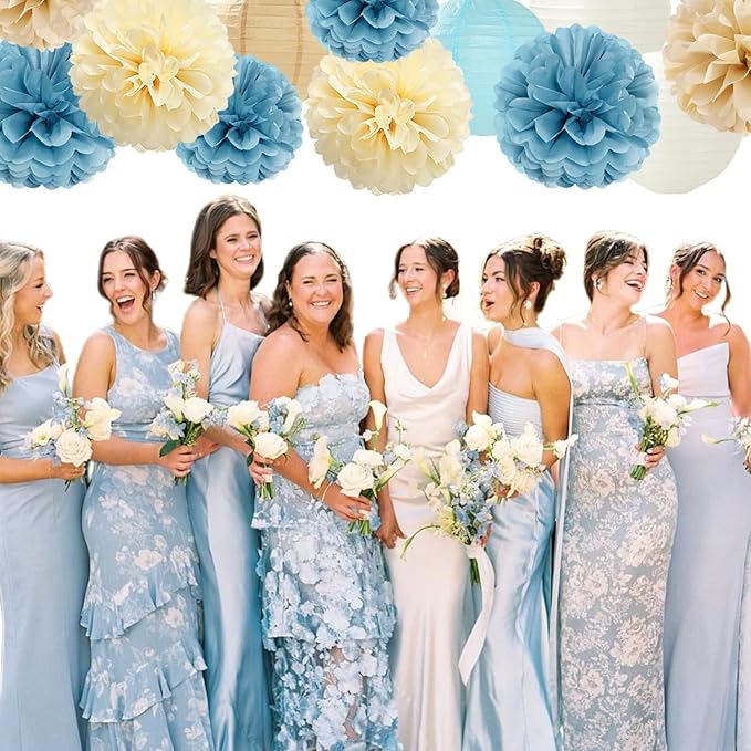 Dusty-Blue Champagne Party-Decorations Paper-Flowers Lanterns - Image 3