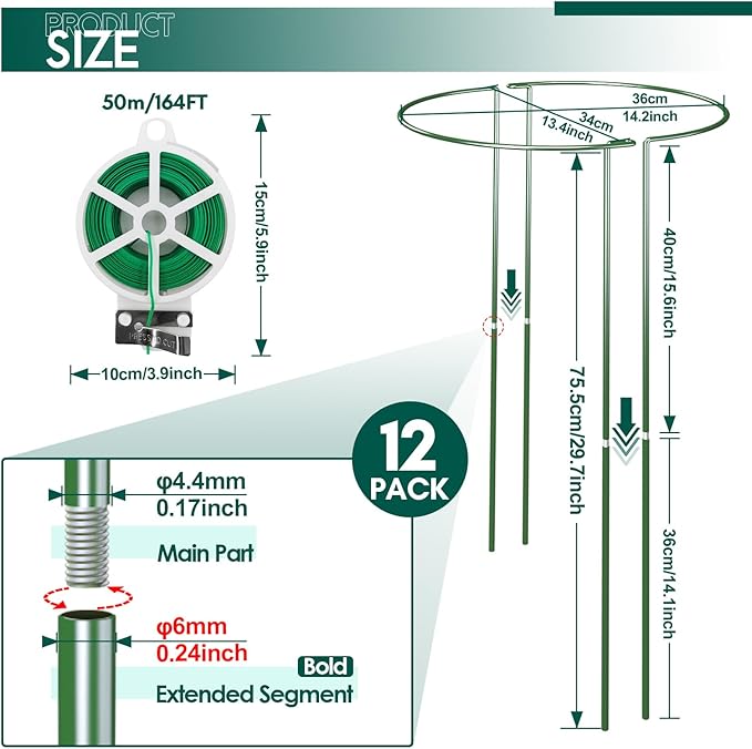 12 Pack 30 inch Plant Support Stakes, Heavy-Duty Half Round Peony Support - Image 2