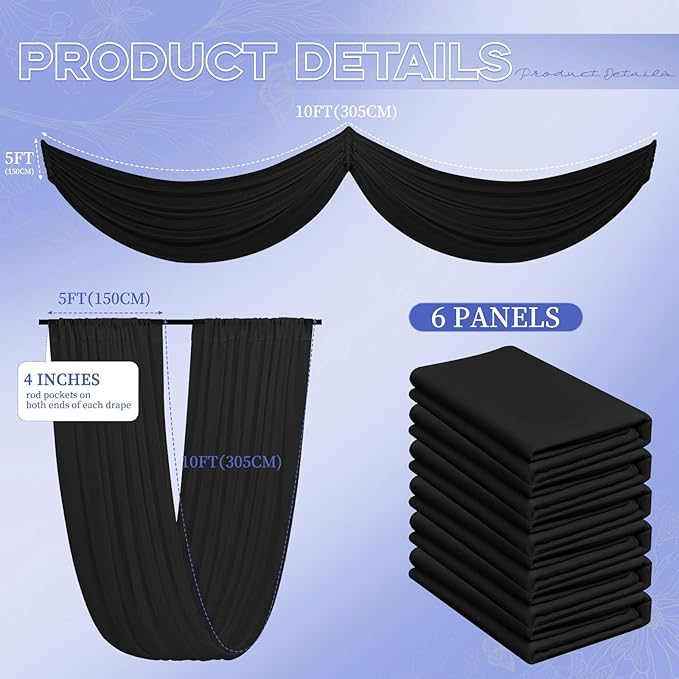 6 Panels Black Ceiling Drapes for Wedding 5ftx10ft Ceiling Drapes Wedding Arch - Image 2