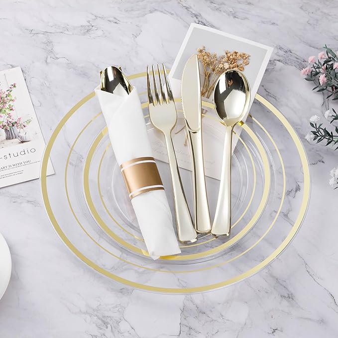 BESTVIP 175PCS Clear Gold Plastic Dinnerware Set, Disposable Party Plates - Image 2