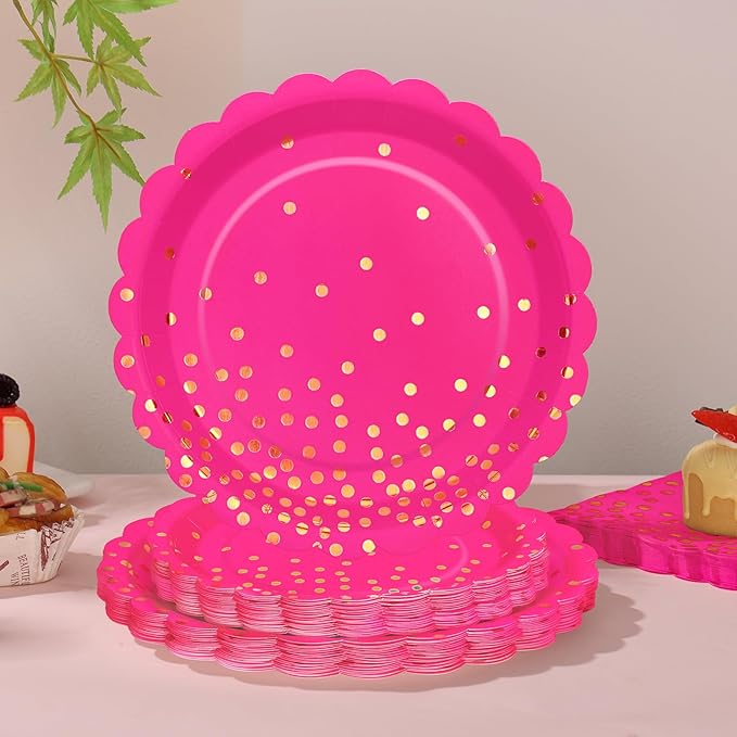 175Pcs Pink Party Supplies, Hot Pink Paper Plates and Napkins Include Scalloped - Image 3