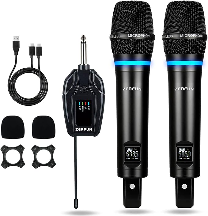 2 Channel Rechargeable Wireless Microphone System, Pro UHF Metal Handheld by ZERFUN
