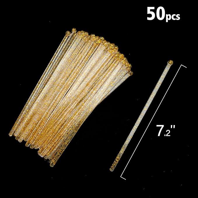 50-PCS Gold Glitter Plastic Swizzle Sticks, Crystal Cake Pops, Cocktail Coffee - Image 6