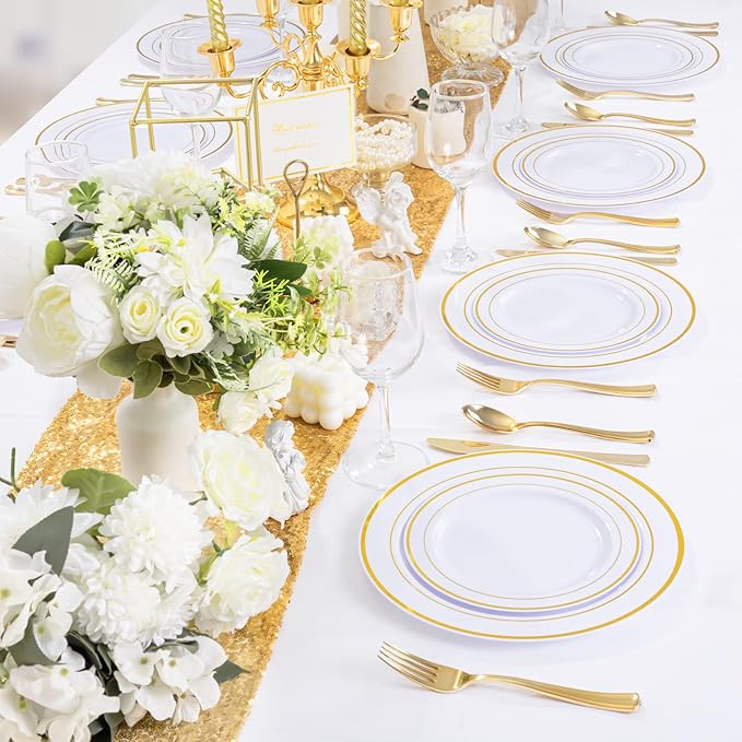 350 Pieces White and Gold Plastic Plates - Image 2
