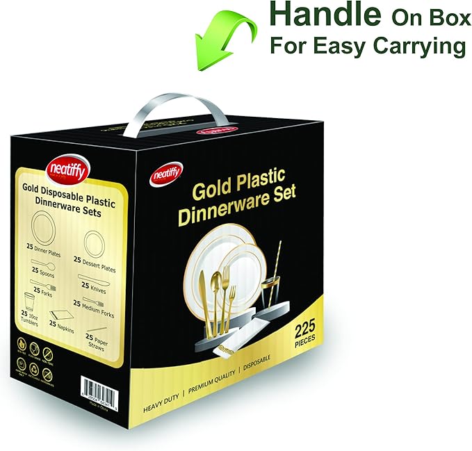 Neatiffy 225 Pcs Gold Rim Plastic Dinnerware Set | 25 x | - Image 4