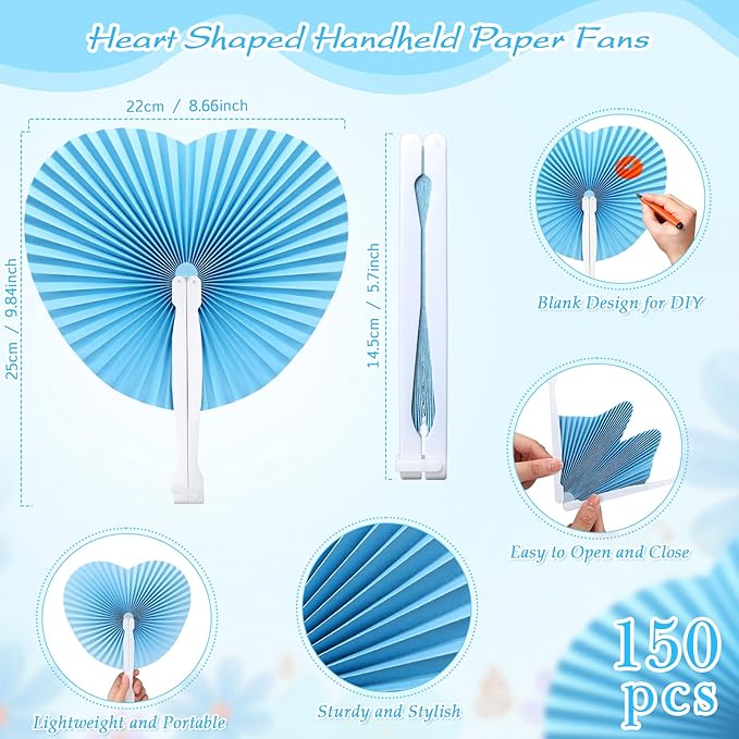 Unittype 150 Packs Wedding Paper Fans Heart Shaped Folding Handheld Fans - Image 2