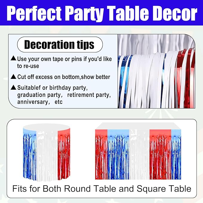 3 Pack 29x108 Inch White Blue Red Foil Fringe Table Skirts Metallic Banner - Image 3