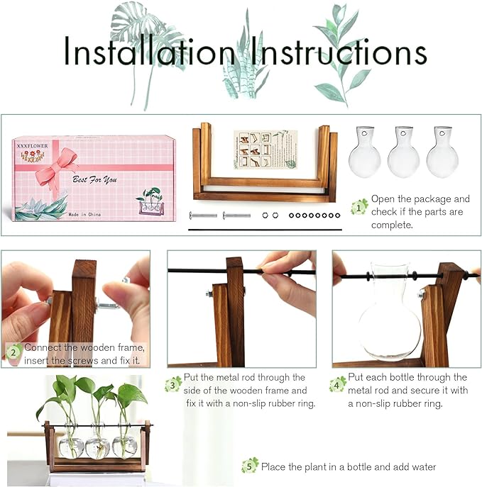 XXXFLOWER Plant Terrarium with Wooden Stand, Air Planter Bulb Glass Vase Metal - Image 3