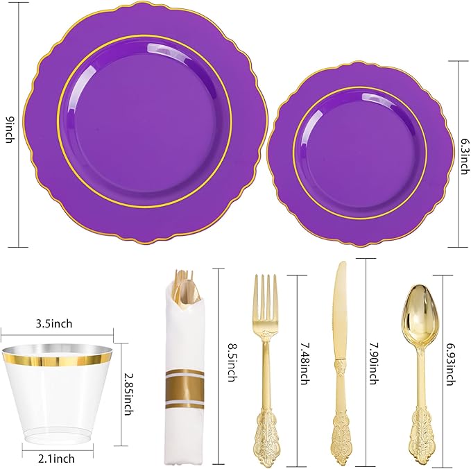Liacere 350PCS Purple Plastic Plates-Disposable Purple and Gold Plates 50 guest - Image 8