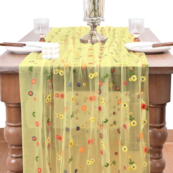 Joanlody 3pcs Yellow Embroidery Daisy Fall Thanksgiving Table Runner Florals - Image 2