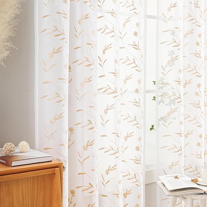 Sheer Curtains 45 Inches White-Beige Floral Embroidery Rod Pocket Voile Drapes - Image 5